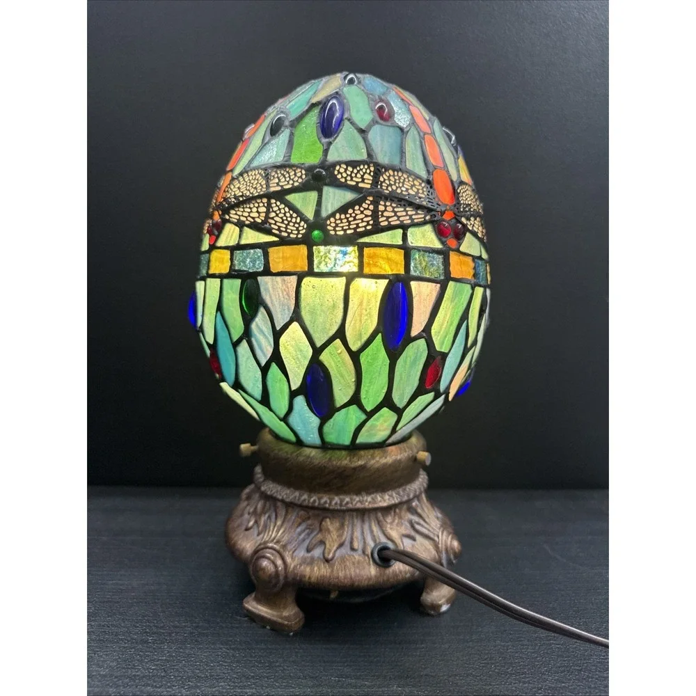 Dale Tiffany Dragonfly Motif Egg Shaped Stained Glass Accent Lamp
